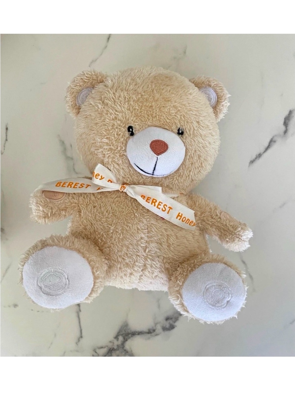 Plush Honey Beige Teddy Bear with Ribbon - Soft Cuddly Kids Toy